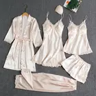 Пижама женская атласная, комплект из 5 предметов, кружевная ночная рубашка в стиле пэчворк для свадьбы, вискозный домашний костюм
