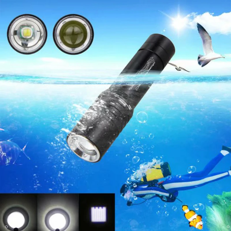 

Underwater 15m T6 zoomable diving scuba flashlight 18650 battery 1200lumens torch dive patrolling searching flash light