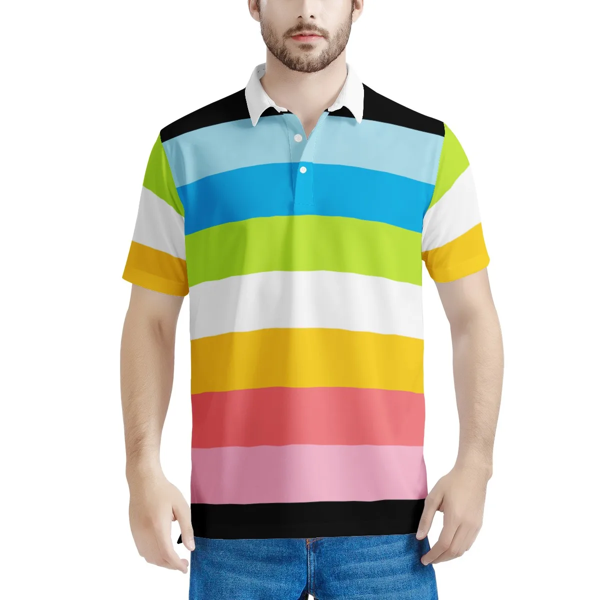 

Рубашка-поло мужская с принтом в цветную полоску, короткий рукав, лацканы и манжеты на 3 пуговицах, летняя спортивная футболка-поло