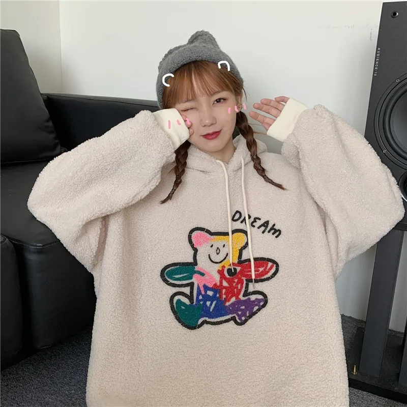 

Winter Women Hoodies Harajuku 2021 Korean Style Loose Lamb Cashmere Bear Sweatshirt Cartoon Woman Top Print Cute Hooded Pullover