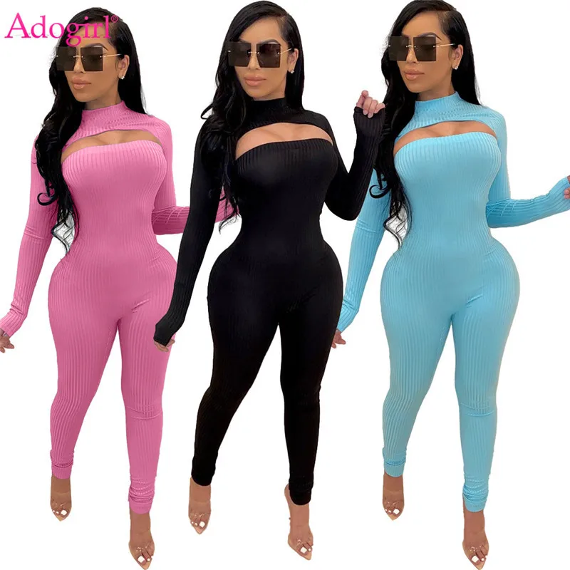 

Adogirl Solid Strapless Ribbed Jumpsuit Mock Neck Long Sleeve Pullover Cape Women Fashion Casual 2 Piece Set