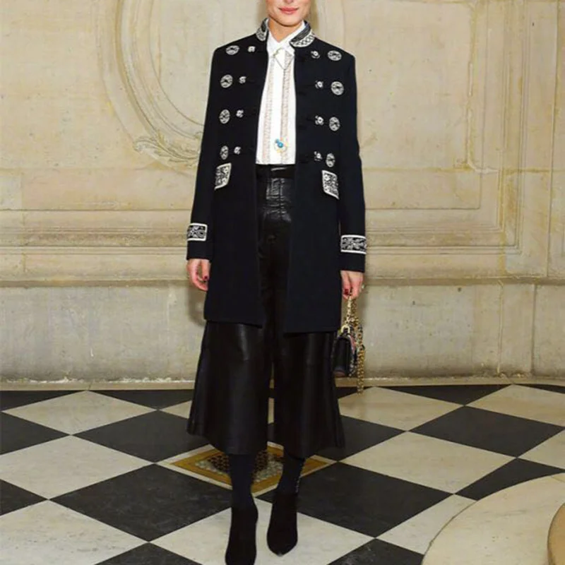 Винтажном стиле военно-морской флот Стиль пальто для женщин 2019 осень с вышивкой