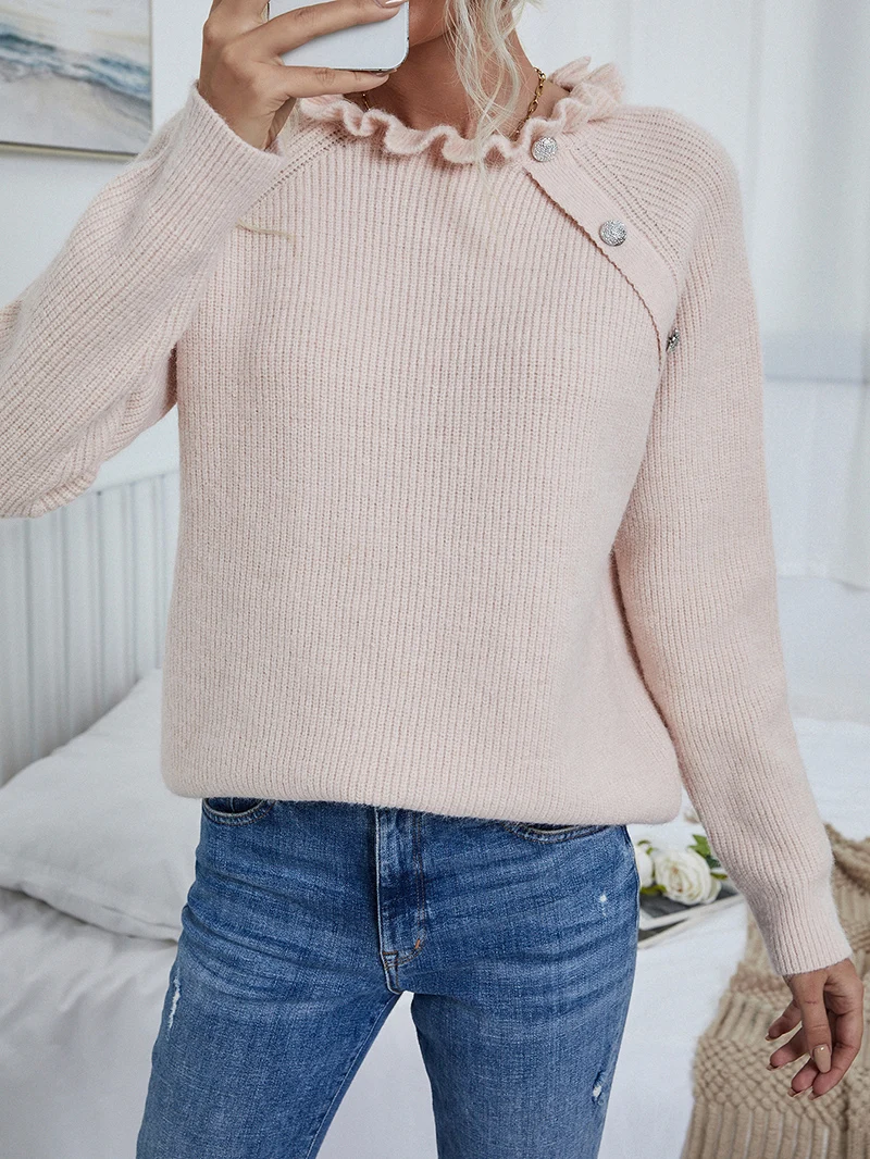 

Autumn Women Sweater New Long Sleeve Lotus Leaf Collar Pullover Button Knitted Loose Solid Fashion Casual Sweater Women