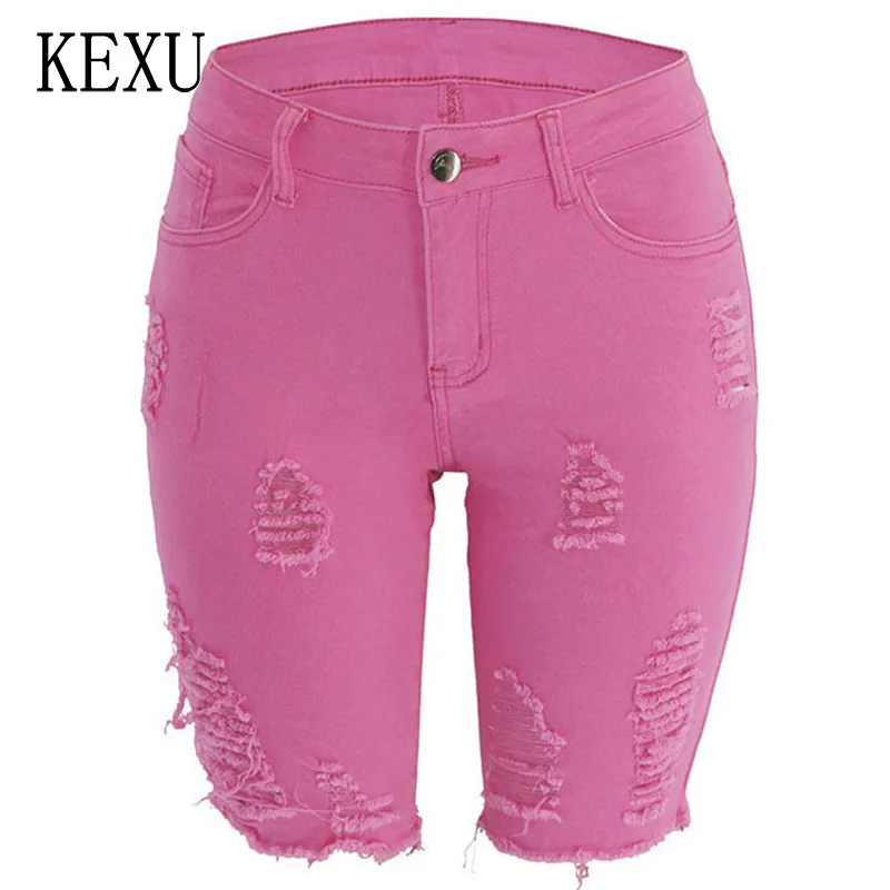 

KEXU Hollow Out Hole White Jeans Casual Knee Length Denim Pants