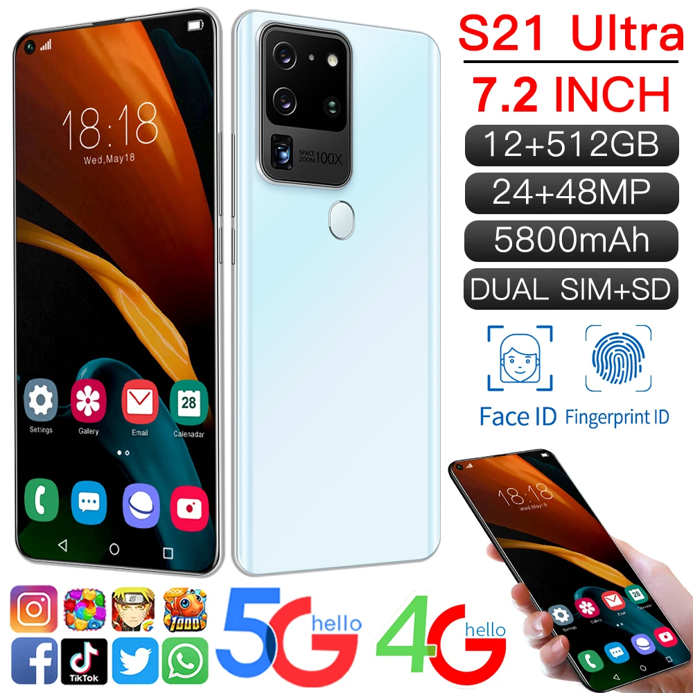 

S21 Ultra Mobile Phones 2021 Global Version 12GB+512GB 7.2 Inch Smartphones 5000mAh Cellphones 24+48MP Phones Dual SIM Telephone