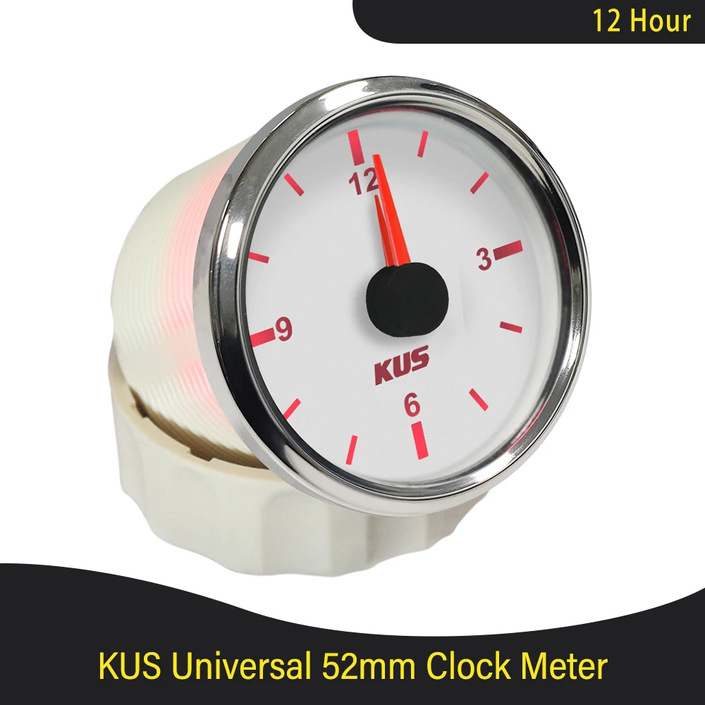 

New KUS Guaranteed Clock Meter Gauge 12-Hour Format with Red or Yellow Backlight 52mm(2") 12V/24V