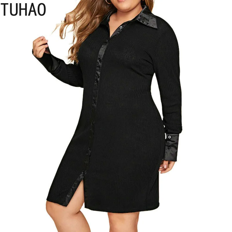 TUHAO осень-зима официальное женское черное платье на пуговицах трикотажное