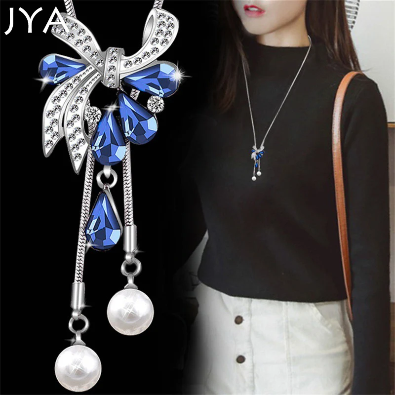 Cpop модное ожерелье для женщин Капля воды синий кристалл горный хрусталь Бант