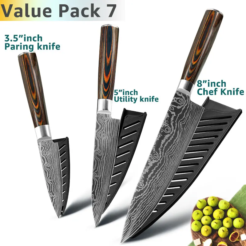 Value Pack 7 Кухонный нож 8 дюймов, японские ножи шеф-повара 7CR17 440C из высокоуглеродистой нержавеющей стали, дамасский чертежный универсальный набор сантоку, Кливер - Цвет: Value Pack 7