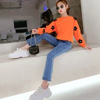 childrens clothing baby girls sports suit 2021 spring autumn new kids korean o neck sweater slim denim pants two piece sets