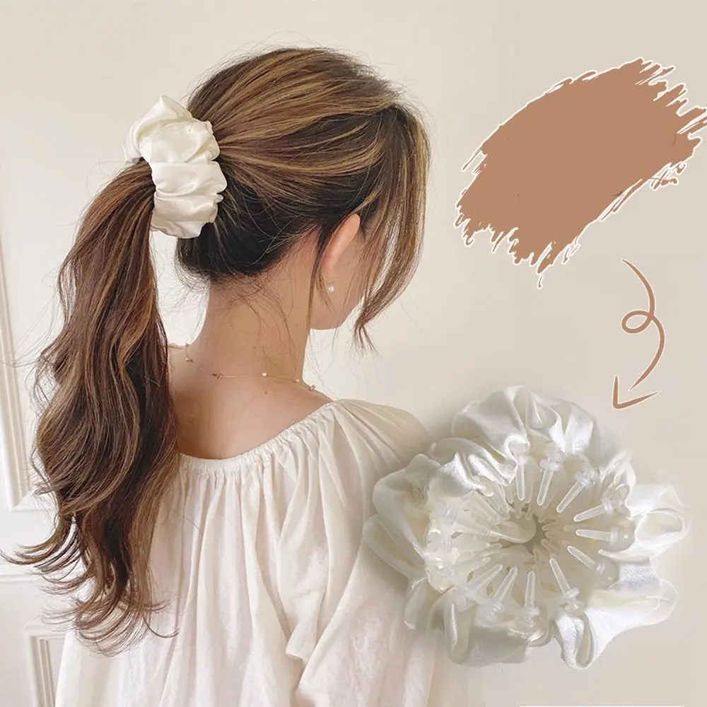 

1 Pc Simple Vintage Scrunchies Pure Color Silk Satin Korean Style Bird's Nest Bun Maker Meatball Head Hair Clips Hair Accessorie