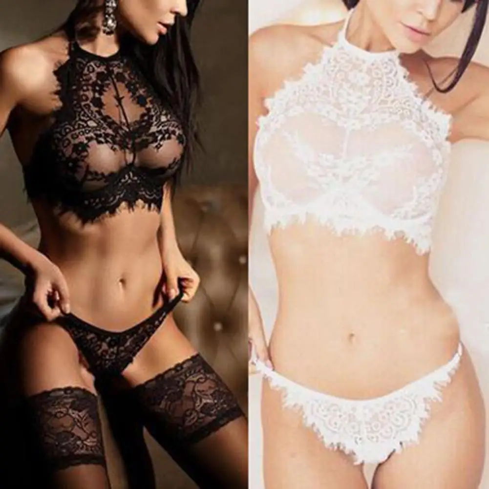 2Pcs Women Sexy See-Through Halter Eyelash Lace Bra Top Briefs Erotic Underwear pattern very beautiful and stylish sex toys |