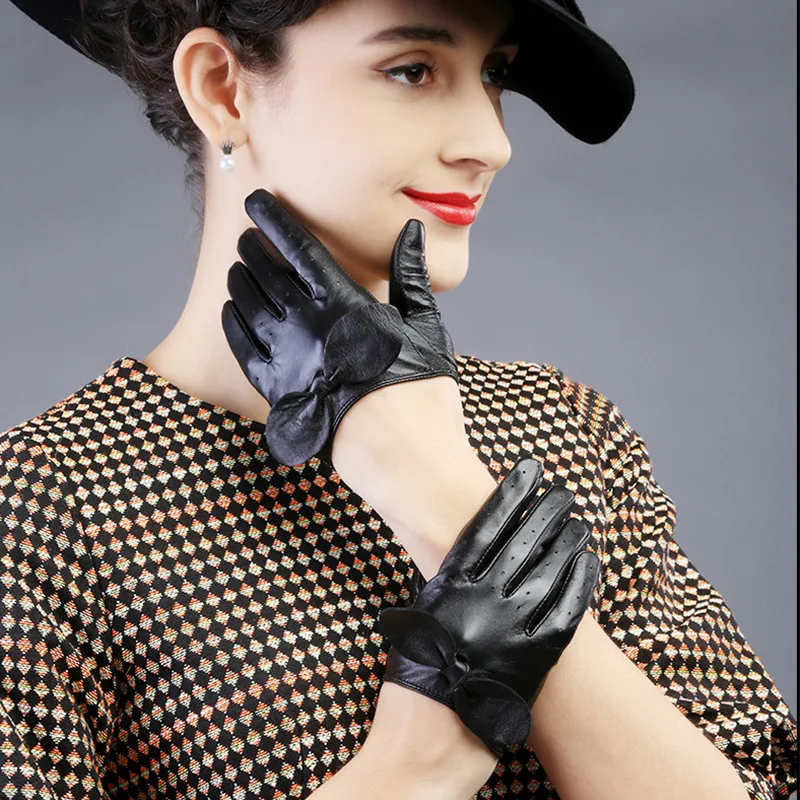 

Autumn and winter new European and American fashion sheepskin gloves ladies bowknot outdoor bicycle short leather gloves