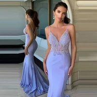 2021mermaid spaghetti straps beaded appliques v neck prom gowns for women light purple formal evening dresses robe de soir%c3%a9e