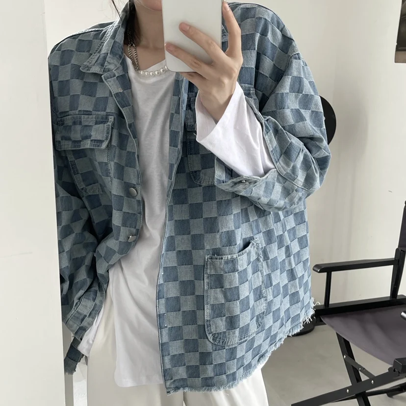 Повседневный Свободный кардиган в клетку стиле Харадзюку Оригинальный жакет с