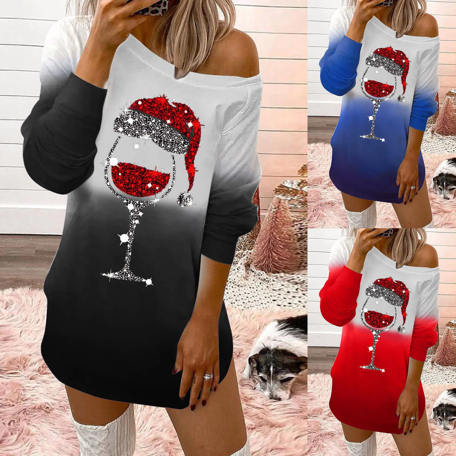 

Ladies Crewneck Merry Christmas Off-Shoulder Long Sleeves Print Sweatshirt Dress