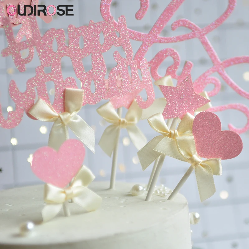 Pink Butterfly Happy Birthday Cake Toppers Bow-knot Heart Star Paper Cupcake Topper Wedding Party Decor Supplies For Bridal Gift | Дом и сад