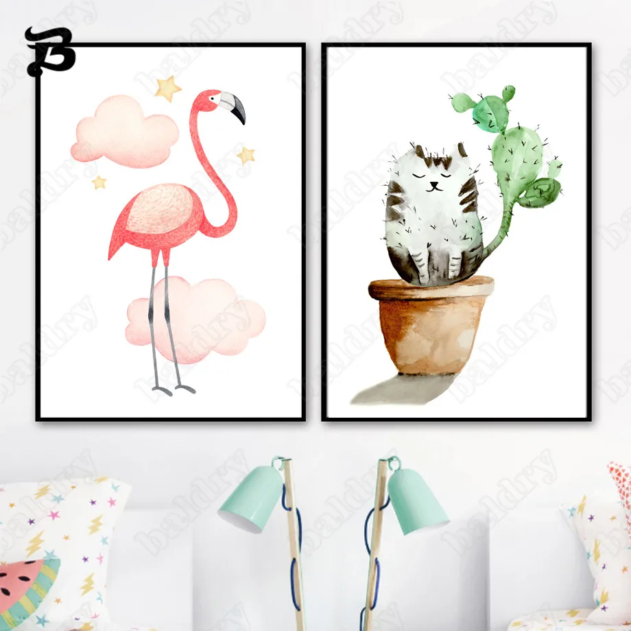 

Canvas Painting Cat Green Plants Pink Flamingo Potted Plant Wall Art Nordic Posters and Prints for Living Room Home Wall Decor