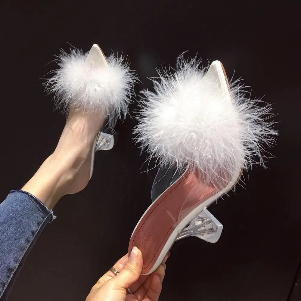 

2020 Summer NEW Woman Pumps PVC Transparent Feather Perspex Crystal High Heels Fur Peep Toe Mules Slippers Ladies Slides Shoes