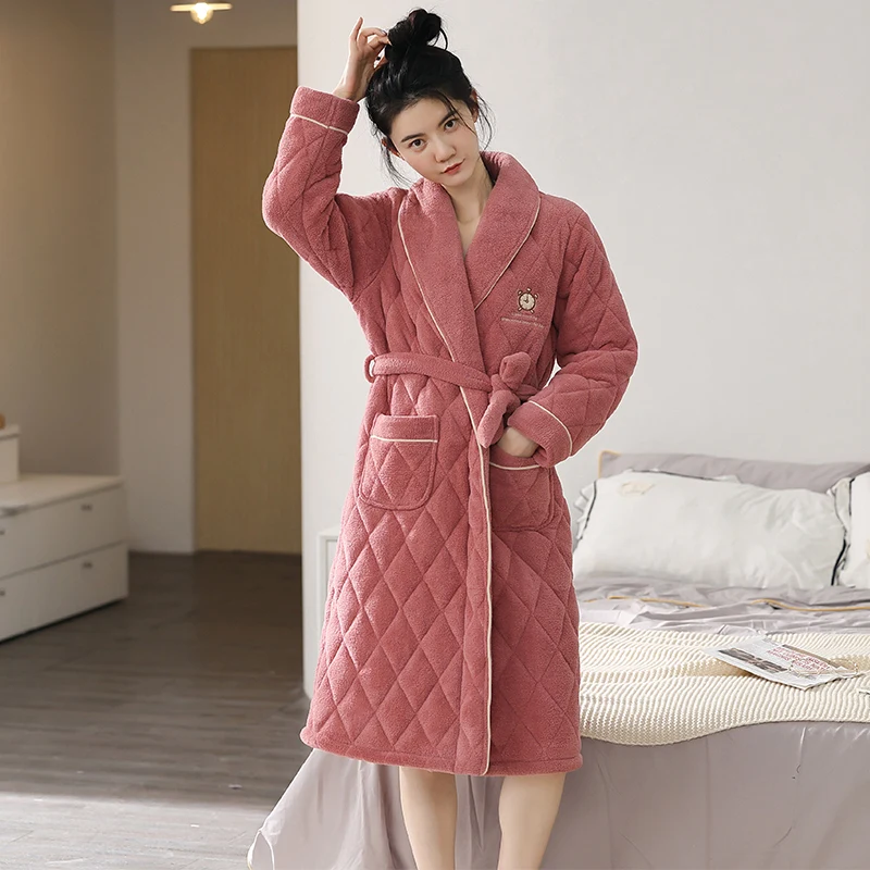 New Women Winter 3 Layers Coral Feece Quilted Robe Long Sleeve Kimono Thick Warm Kimono Robes Female Dressing Gown Sleepwear