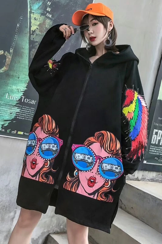 

Large size women's Thai tide brand hip hop heavy work pin sequins loose long section plus velvet hooded winter coat women