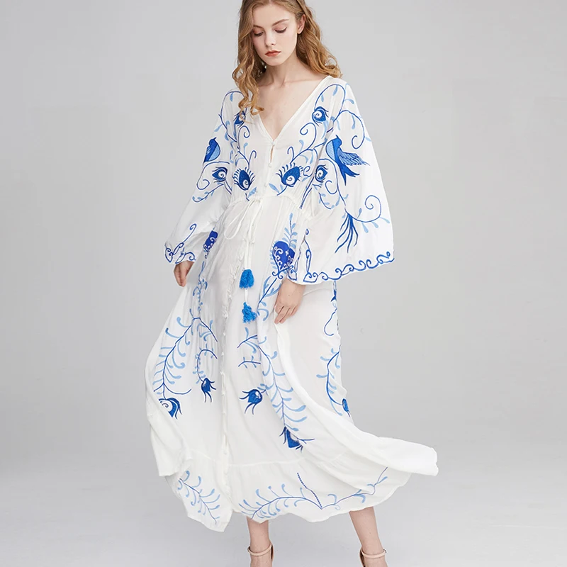 Женское винтажное платье-макси TEELYNN белое хлопковое платье с цветочной вышивкой