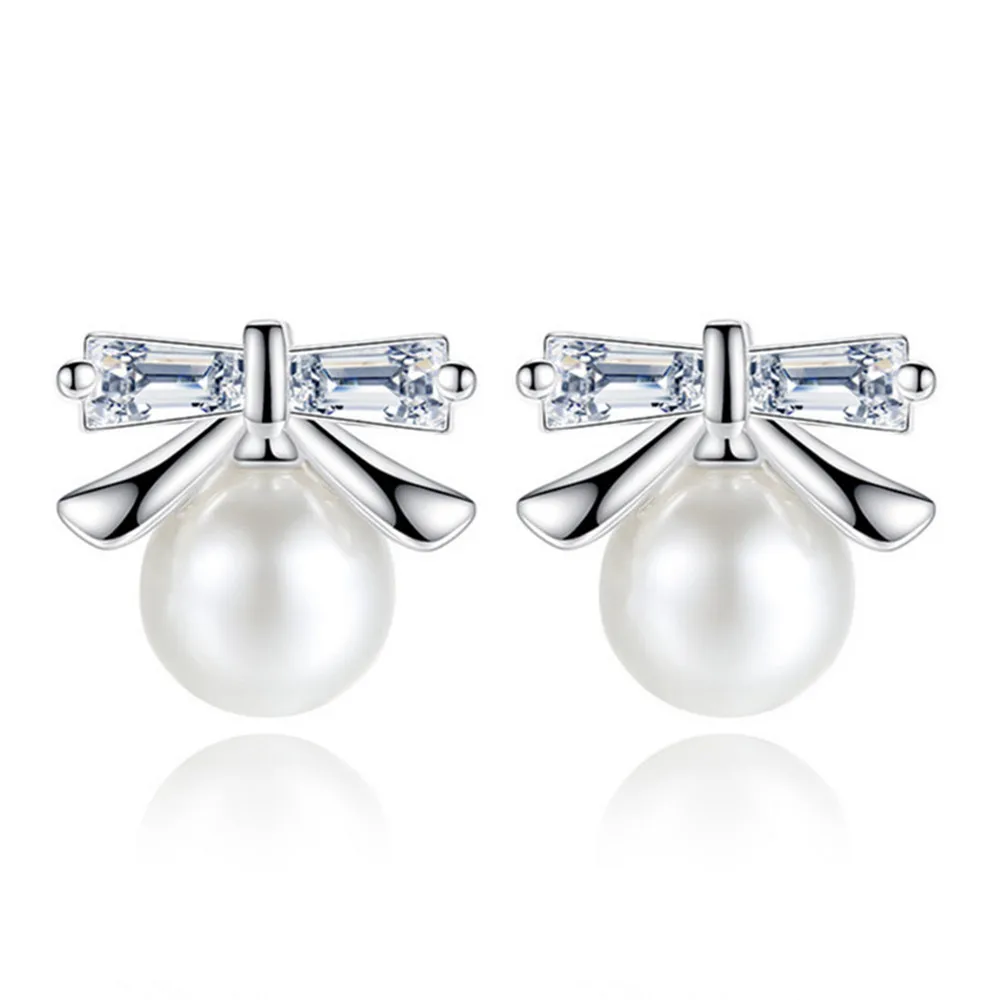 

Fashionable Silver Jewelry Female Stud Earrings Luxury Cubic Zirconia Pearl Earrings Bow Tie Sweet and Simple Trinkets 6MM