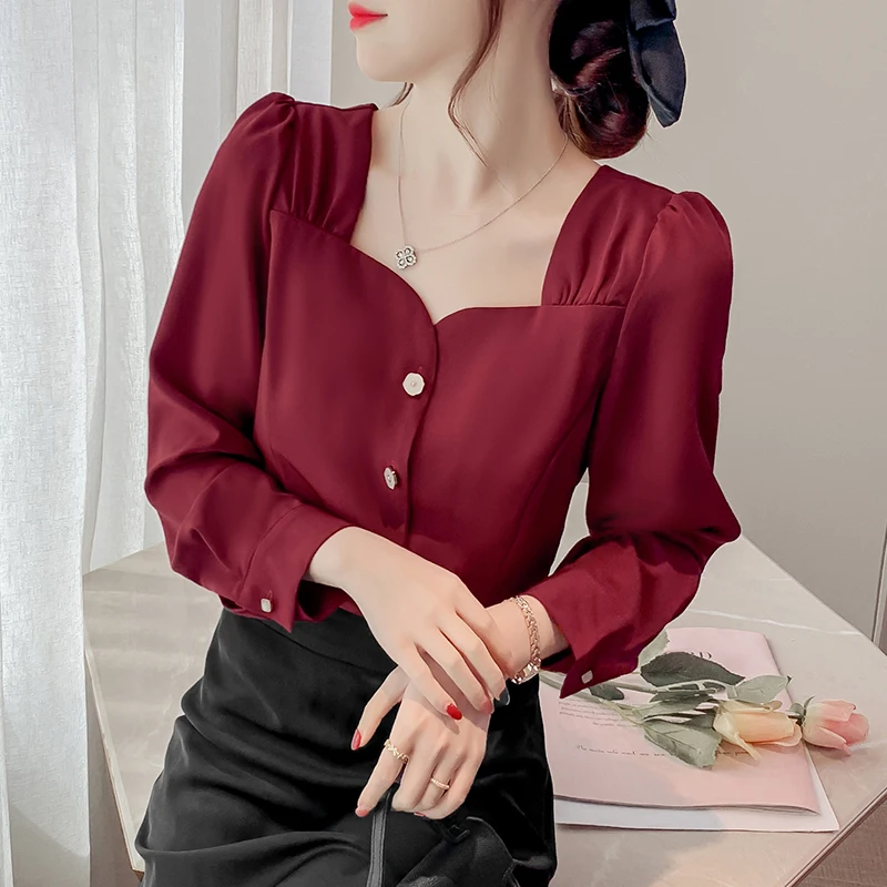 

Solid red square neck button up women shirts Long sleeve women tops elegant fall 2021 women fashion clothes woman 215i