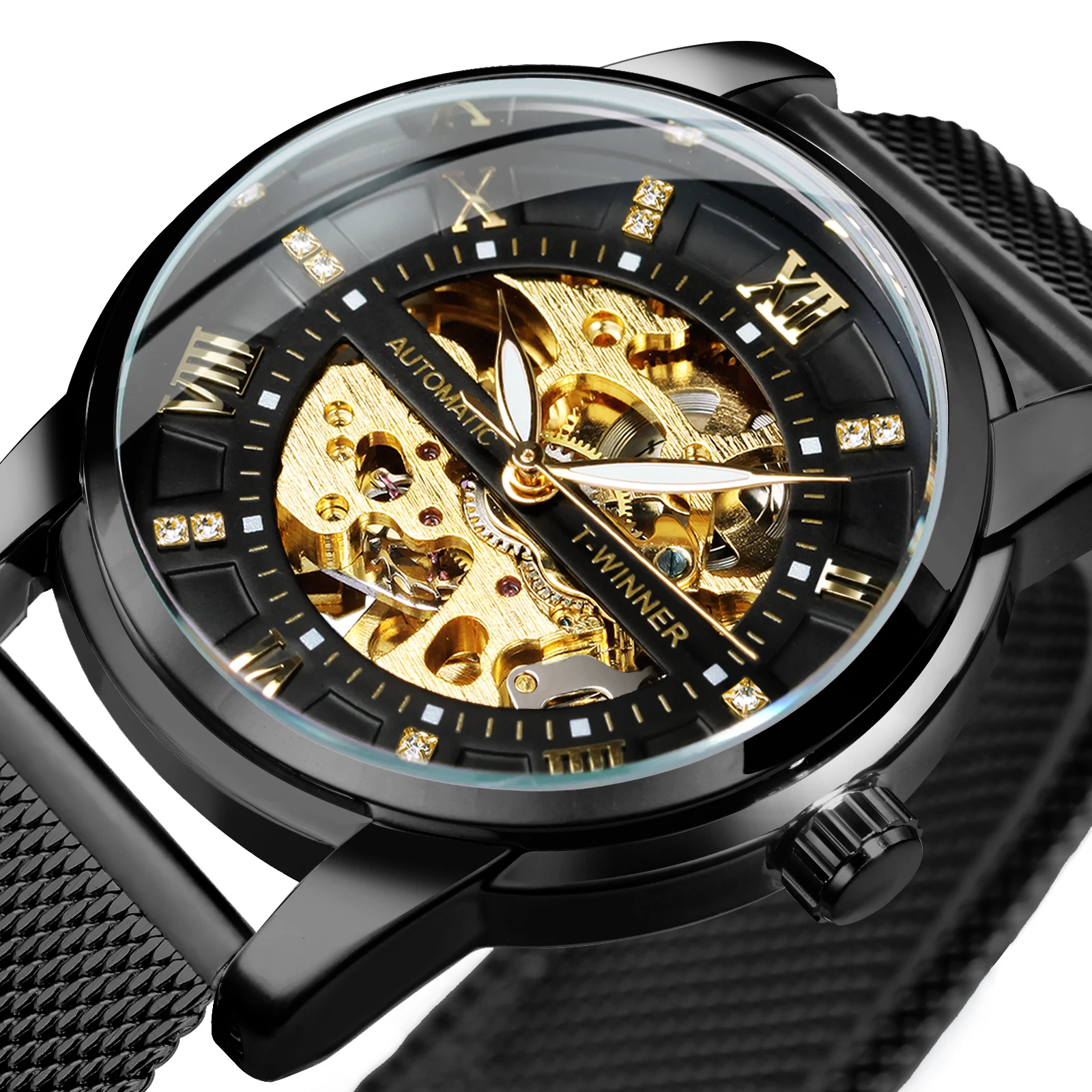 WINNER Classic Men Mechanical Wristwatches Luxury Diamond Design Luminous Hands Skeleton Clock Black Mesh Stainless Steel Strap