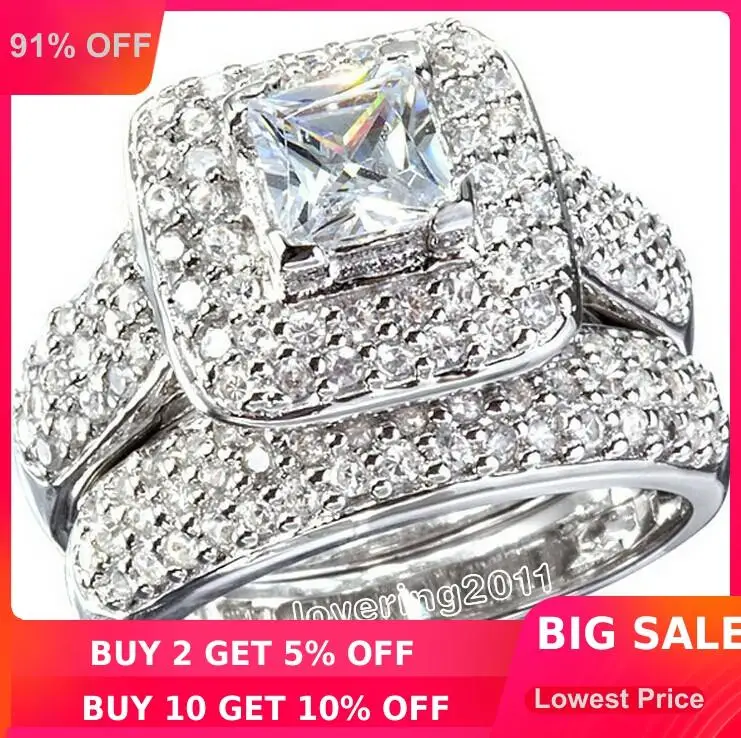 

choucong Majestic Sensation 134Pcs Stone 5A Zircon stone 14KT White Gold GF Wedding Band Ring Set Sz 5-11 Free shipping