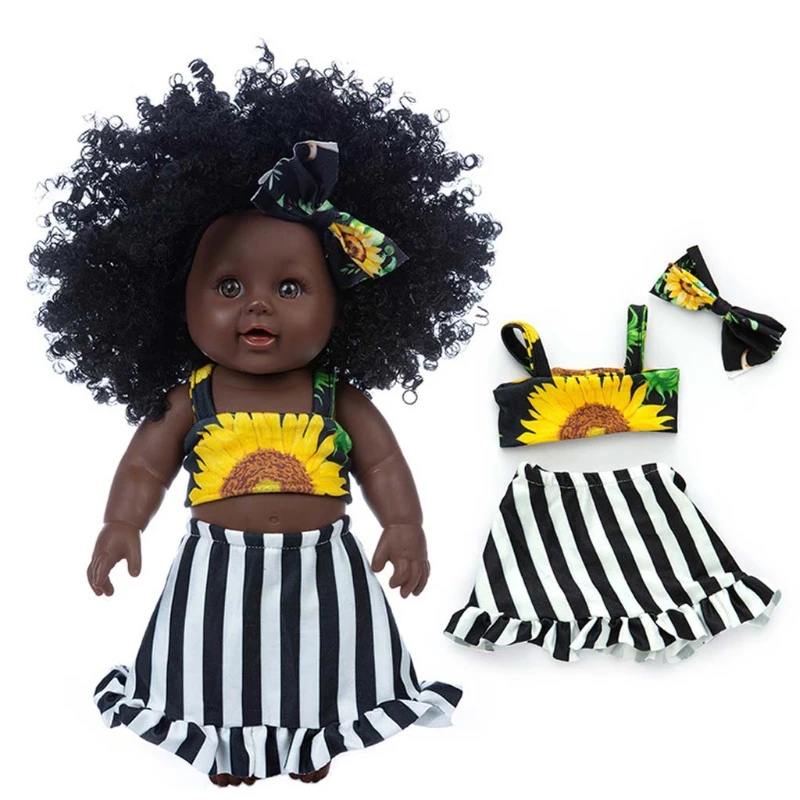 

30cm Simulation African Curly Dolls Soft Vinyl Black Skin Rebirth Doll with Clothes Headband Babies Play House Toy