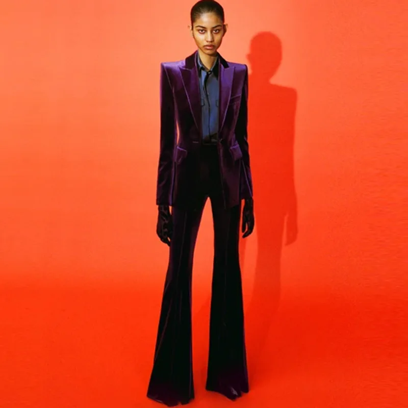 Velvet Blazer Pants Women Set Purple Brown 2021 Autumn Winter New One Button Jacket + Flare Pants Two Piece Office Female Suit