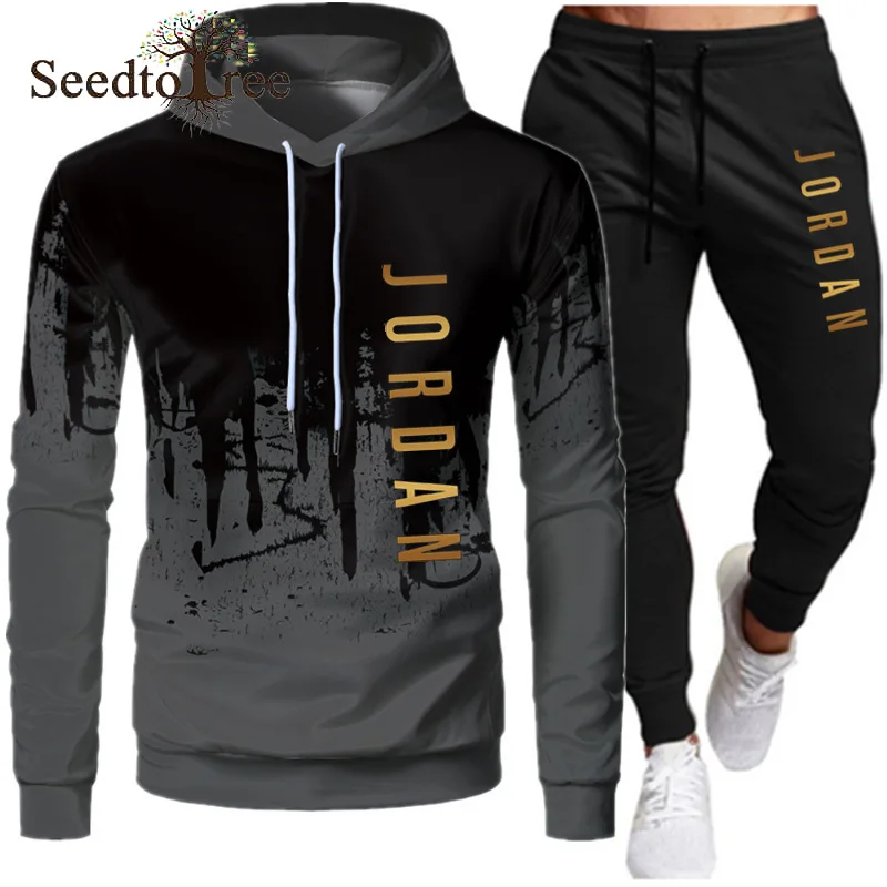 

Spring and Autumn Men's Sweater Set Letter Print Hooded Casual Sweater Men's Sets