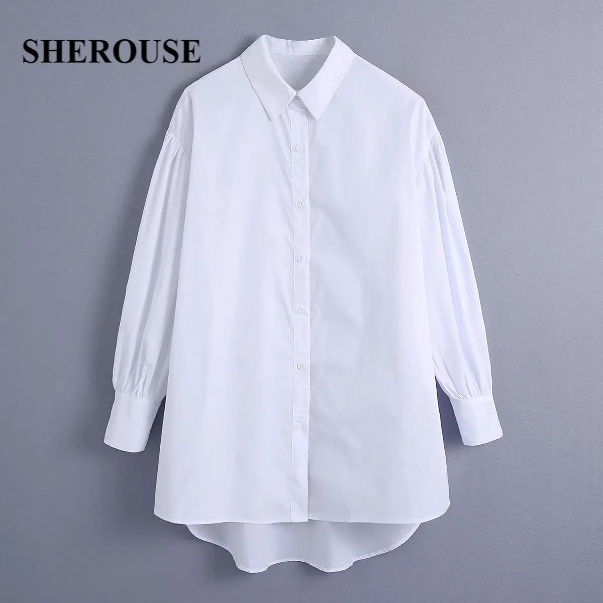 

Sherouse Women Fashion Solid Single Breasted Shirt Vintage Lapel Collar Long Sleeves Female Blouse Chic Tops