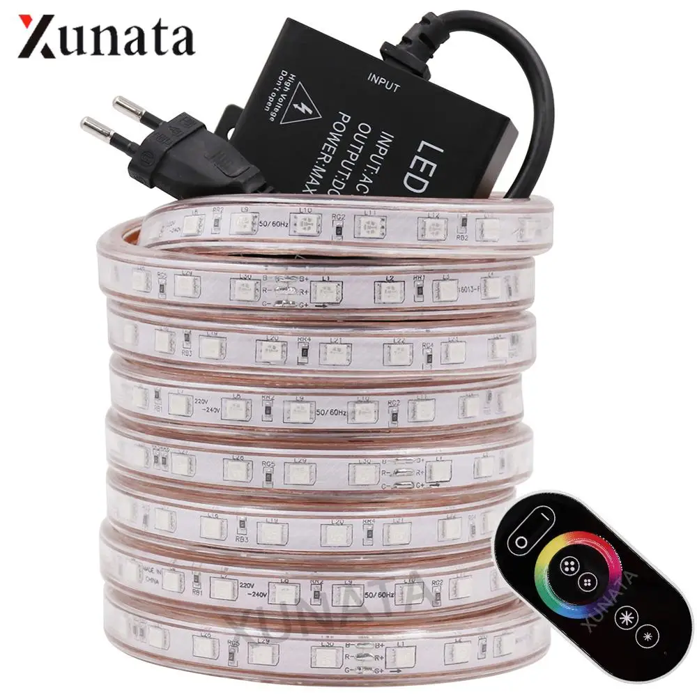 

AC220V RGB LED Strip Light with Full Touch Controller SMD5050 60LEDs/M Flexible LED Tape Waterproof LED Ribbon EU Plug for Decor