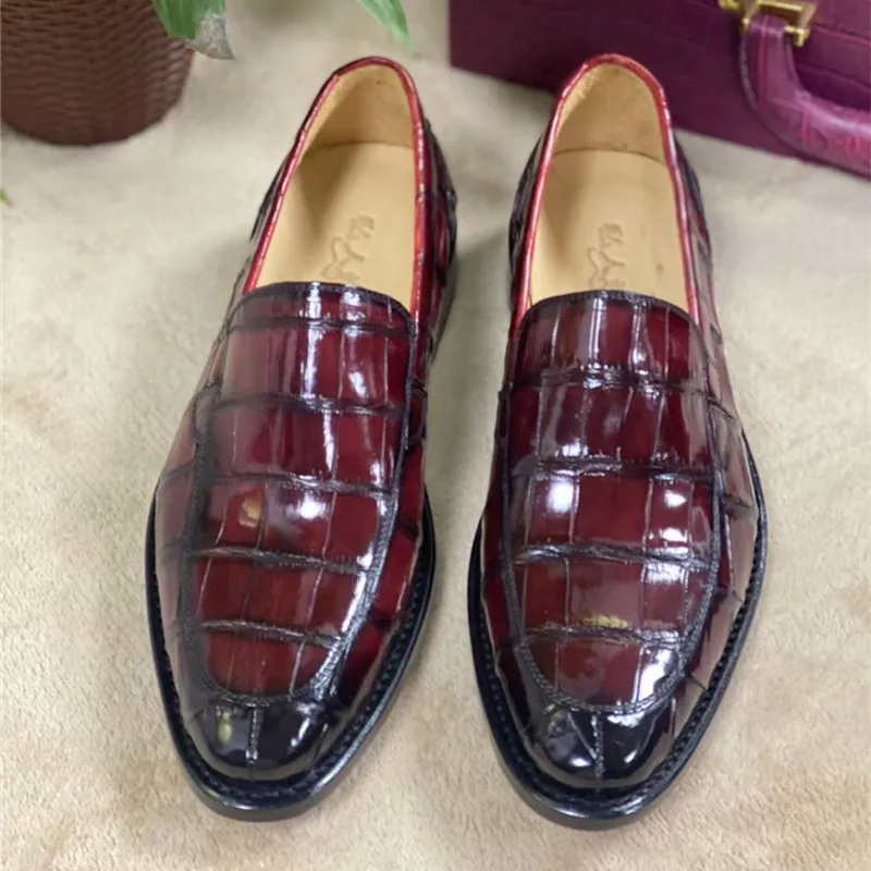

Мужские классические туфли из натуральной крокодиловой кожи, натуральная крокодиловая кожа, градиентные лоферы, без застежки, бордового цвета