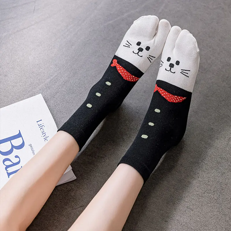 Теплые носки с принтом кошек разрезом милые женские носки-шлепанцы носки-кимоно