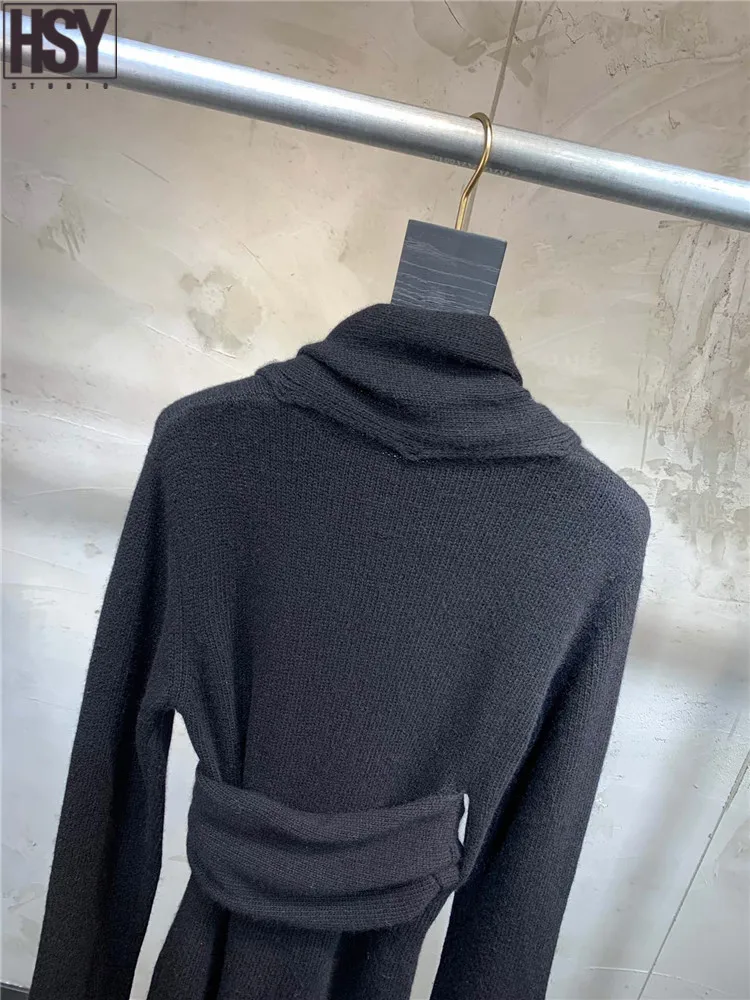 2019 Autumn Winter New Women Long Sleeve O-neck Scarf Decoration Black Loose Sweater Knit Dress | Женская одежда