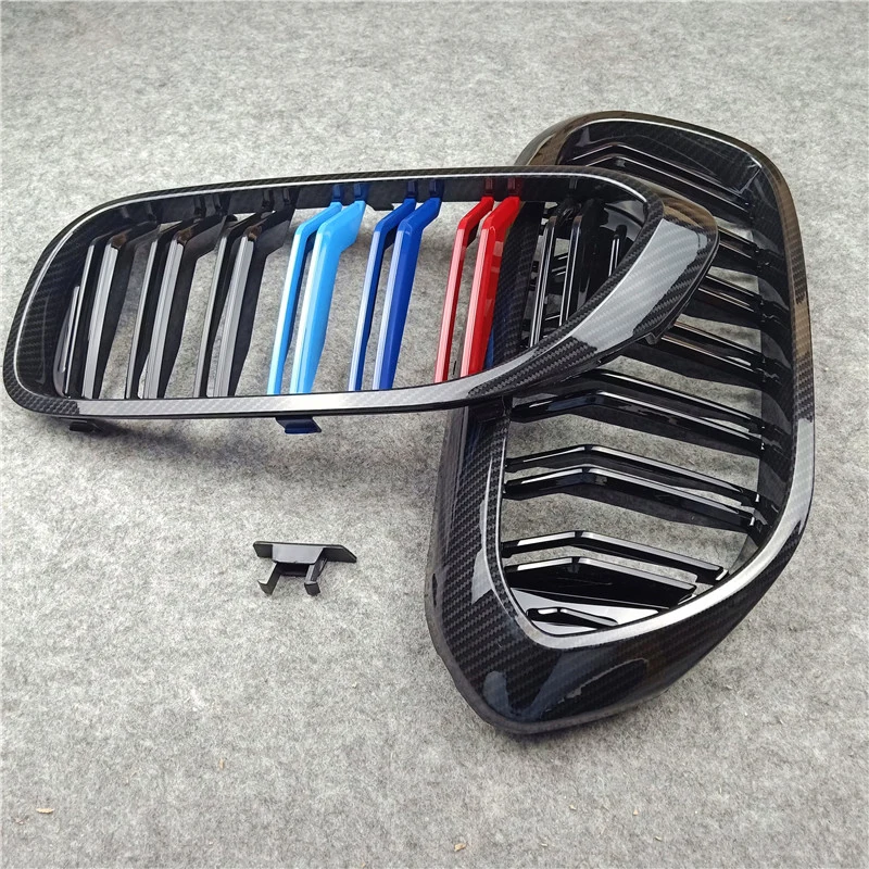 A Pair G30 G38 Carbon Look Double Slat Car Grille For Bmw 5 Series 2018-IN ABS Glossy Black/ M Color Replacement Front |
