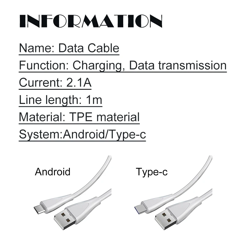 2.1A USB Data data wire 1m Android Type-c White Color Fast Charge lines Transmission Mobile Phone Charging Cable | Мобильные