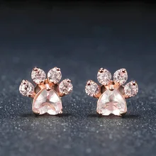 Creative and Cute Cat Claw Footprint Pink Crystal Zircon lovely Girls Earrings Rose Gold Color Earring Jewelry Birthday Gift