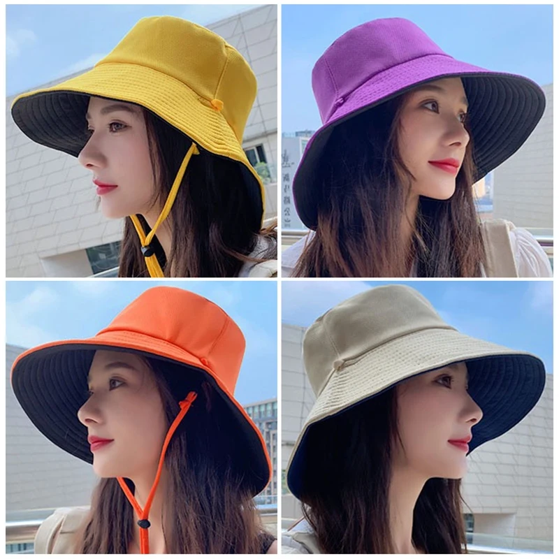 

New Sun Hats Packable Wide Brim Womens UV Cotton Walking Gardening Bucket Hat With Neck Protection Chin Strap