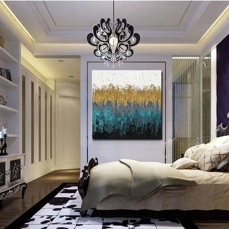 

Hand Painted Impasto Abstract Blue and Golden Canvas Oil Painting Wall Art Picture Living Room Bedroom Home Decor Drop Shipping