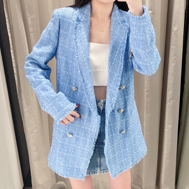 Пиджак женский твидовый в клетку винтажный пиджак шикарная на пуговицах длинный