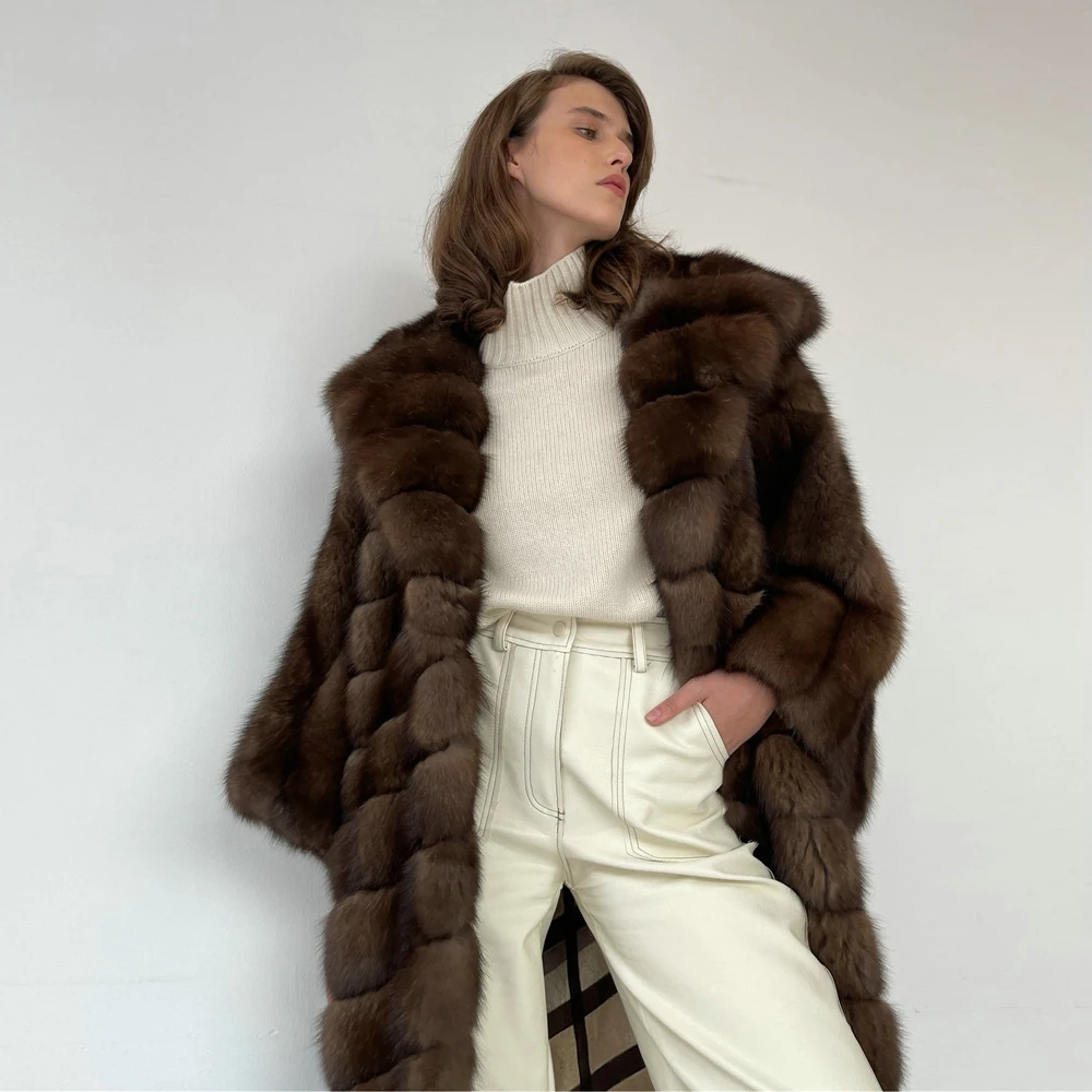 

Winter Natural Women Real Fox Fur Coat with Hood 120cm Long Whole Skin Genuine Fox Fur Coats Outwear Thick Warm Fur Overcoats