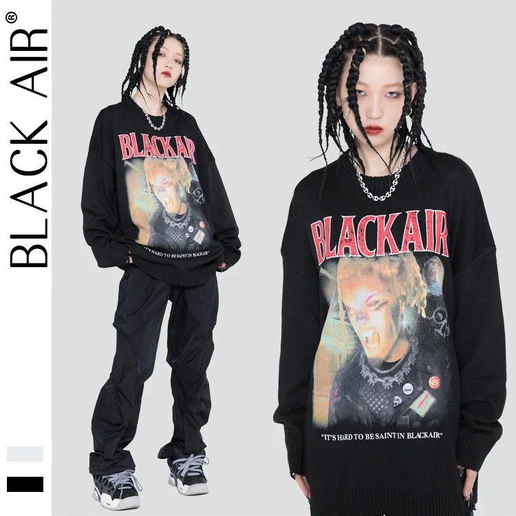 

BLACKAIR Fashion Character Print Sweater men Hip Hop Rap Oversized mens sweater Casual Retro harajuku knit sweater LM12