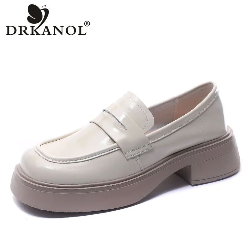 

DRKANOL 2022 New Women Loafers Shallow Genuine Leather Slip On Flat Shoes Ladies Thick Heel Platform Patent Leather Party Shoes
