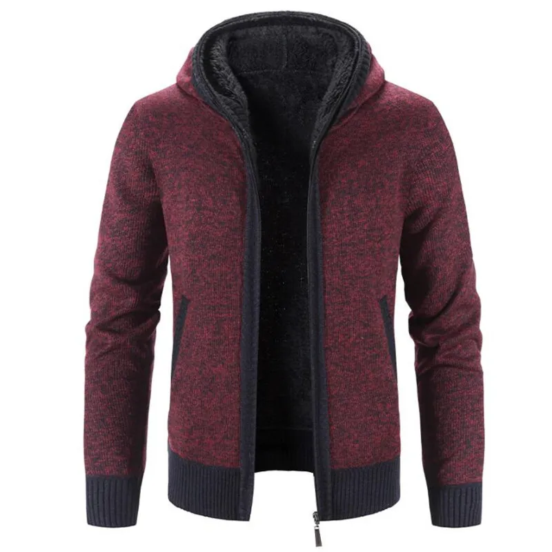 New Autumn Hooded Men Sweater Thickened Plus Velvet Men's Slim Cardigan Knitted Sweater Patchwork Jacket Male S-3XL