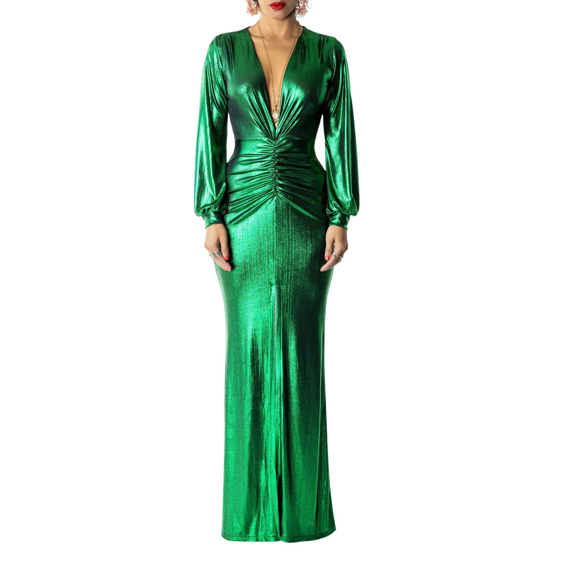 

Sexy Solid Split Green One-piece Dress Women Elastic Long Skirt Long Sleeve Camisole Clubwear Evening Party Dress Women's Robe