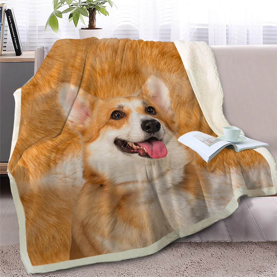 BlessLiving Corgi Dog Throw Blanket on Bed 3D Animal Soft Sherpa Fleece Blanket Brown Bedspreads Fur Print Bedding 150x200cm